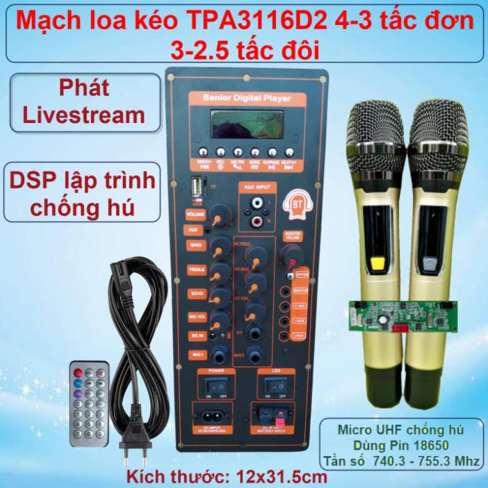 [giare] Mạch loa kéo TPA3116D2 150W LIVESTREAM- DSP lập trình chống hú loa kéo 4 – 3 tấc ĐƠN hoặc 3 – 2.5 tấc ĐÔI Kèm Mi