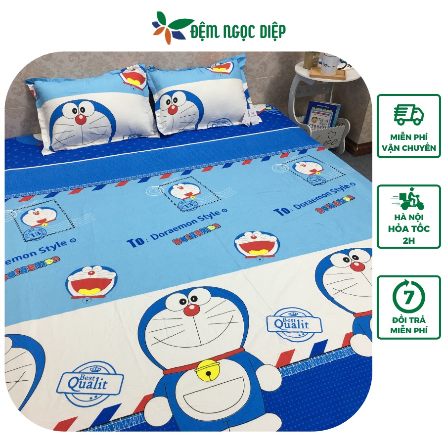 Bộ ga chun vỏ gối poly cotton mẫu Doremon phong bì thư