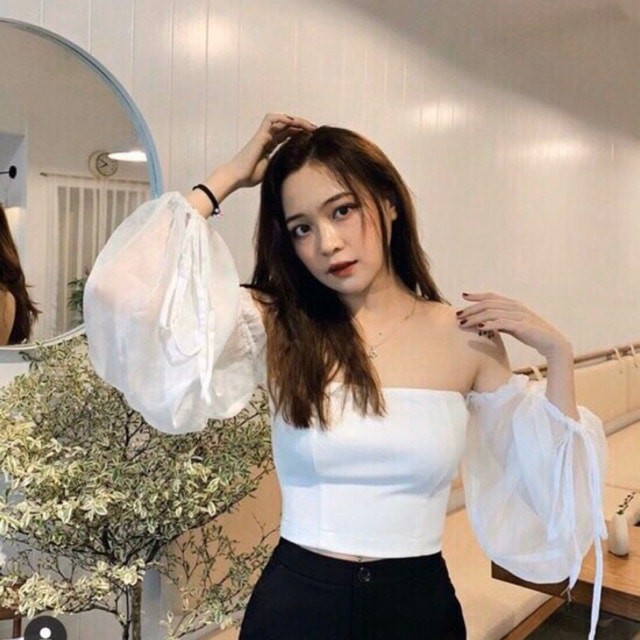 Áo trễ vai tay ống rớt vai dây rút (2 màu)