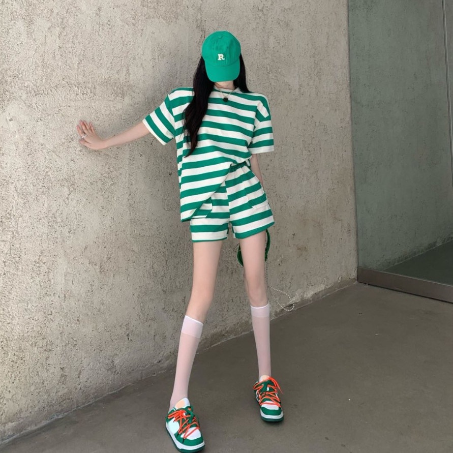 COZOK Set Đồ Thể Thao Ngắn Kẻ Sọc Màu Sắc Thời Trang Cho Nữ