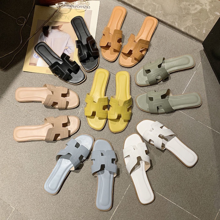 Dép da quai ngang hình chữ H màu trơn phong cách Hàn Quốc siêu đẹp cho nữ iss293