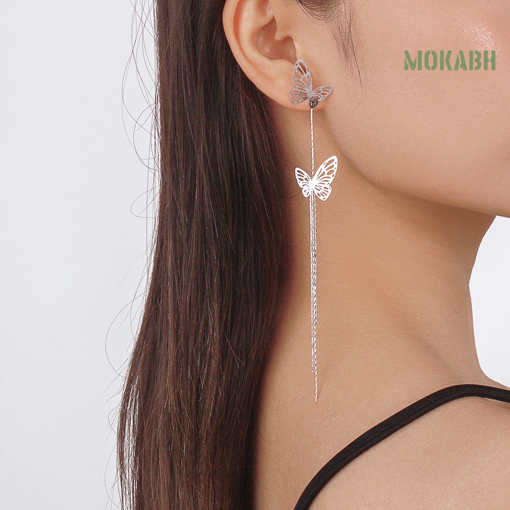 Bông Tai Dáng Dài Hai Lớp Bằng Kim Loại Hình Bướm Thời Trang Dự Tiệc Cho Nữ