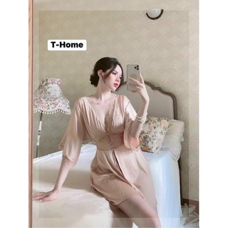 Đầm ngủ lụa màu nude tay lửng phối ren cao cấp