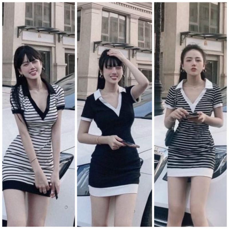 Đầm Thun Suông Kẻ Sọc Ngang Cổ Áo Polo | BigBuy360 - bigbuy360.vn