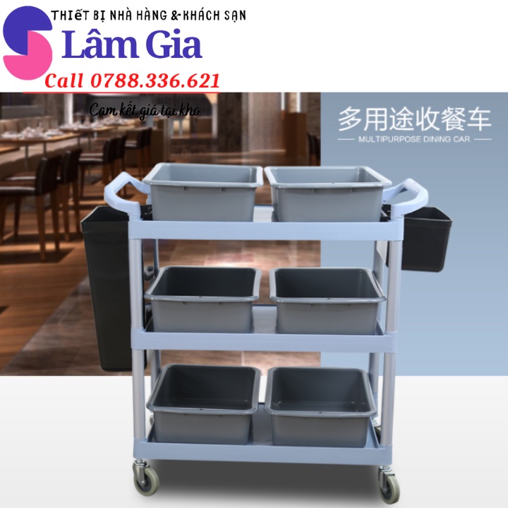 xe đẩy thức ăn nhà hàng 3 tầng - xe đẩy phục vụ bàn ăn ( giá chưa gồm thau xô) SIZE TRUNG