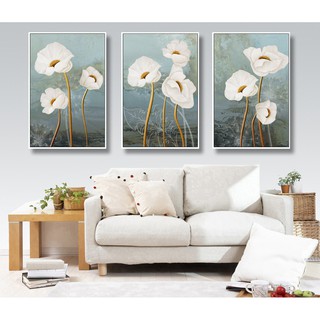 Bộ 3 tranh canvas treo tường hoa poppy trắng vintage TTC20-F78- 30 x 45 cm x 3 tranh