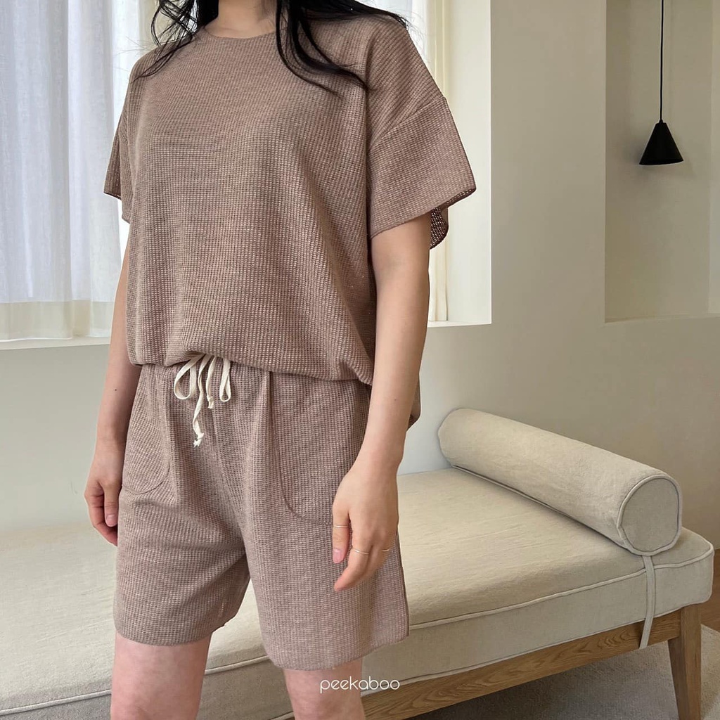 Đồ bộ quần áo cộc tay hachi bé trai gái baby chất len lưới thêu nhẹ mềm mát PEEKABOO Hàn Quốc thời trang trẻ em 2022