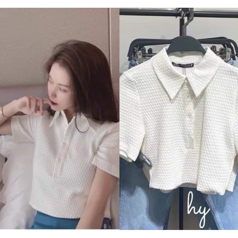 Áo polo croptop trắng zara xuất dư siêu xịn