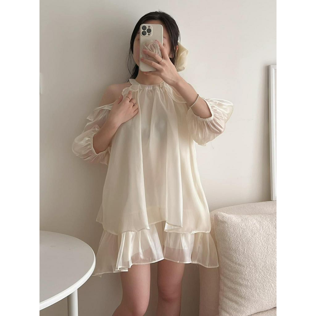 Váy Trễ Vai Dài Tay Chất Tơ Thời Trang Nữ Phong Cách Hàn Quốc. Đầm Dáng babydoll cổ yếm chất tơ hàn dài tay