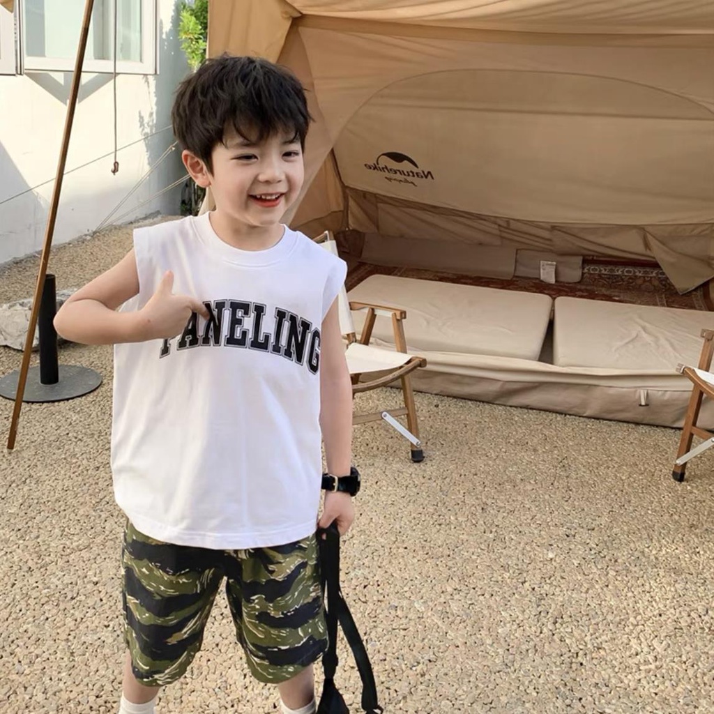 [Babycat] Hàng Có Sẵn Áo Thun Cotton Sát Nách Màu Trơn In Chữ Phong Cách Hàn Quốc Nhật Bản Dễ Thương Thời Trang Mùa Hè Cho Bé Trai