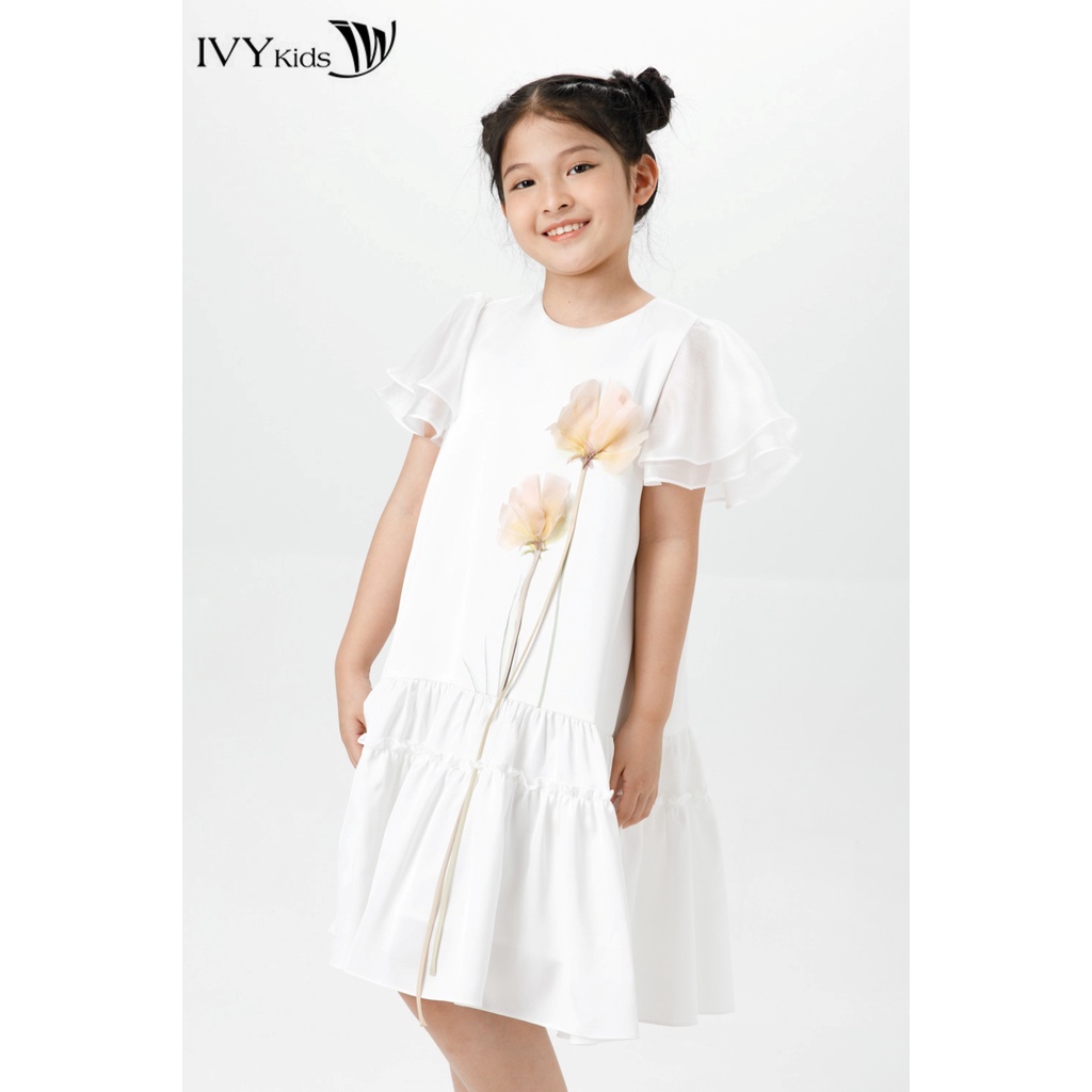 Đầm lụa bé gái phối cành hoa IVY moda MS 48G1519
