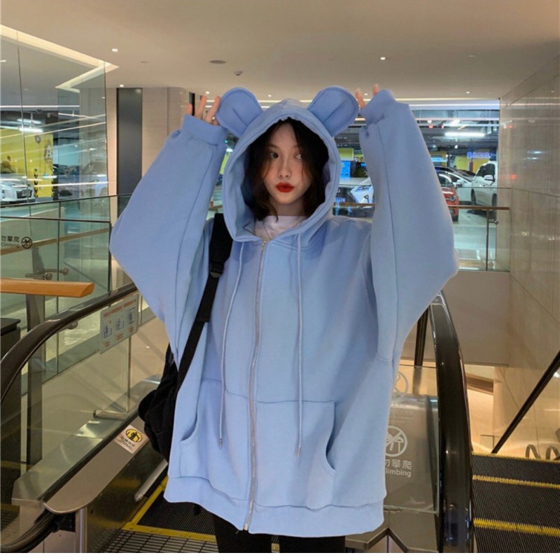 Áo hoodie trơn tai gấu Áo khoác nỉ basic phong cách ulzzang dễ thương | BigBuy360 - bigbuy360.vn