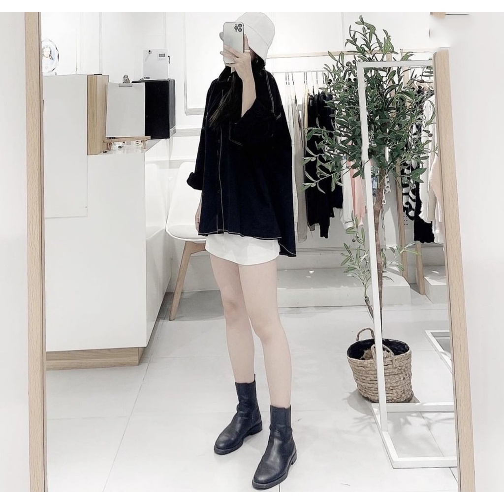 Áo sơ mi trơn chỉ nổi - Áo dài tay có cổ unisex Daski