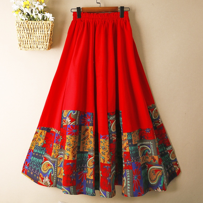 Chân Váy Xòe Dáng Rộng Vải Cotton Lanh Họa Tiết Thổ Cẩm Kiểu Retro Thời Trang Xuân Thu Cho Nữ