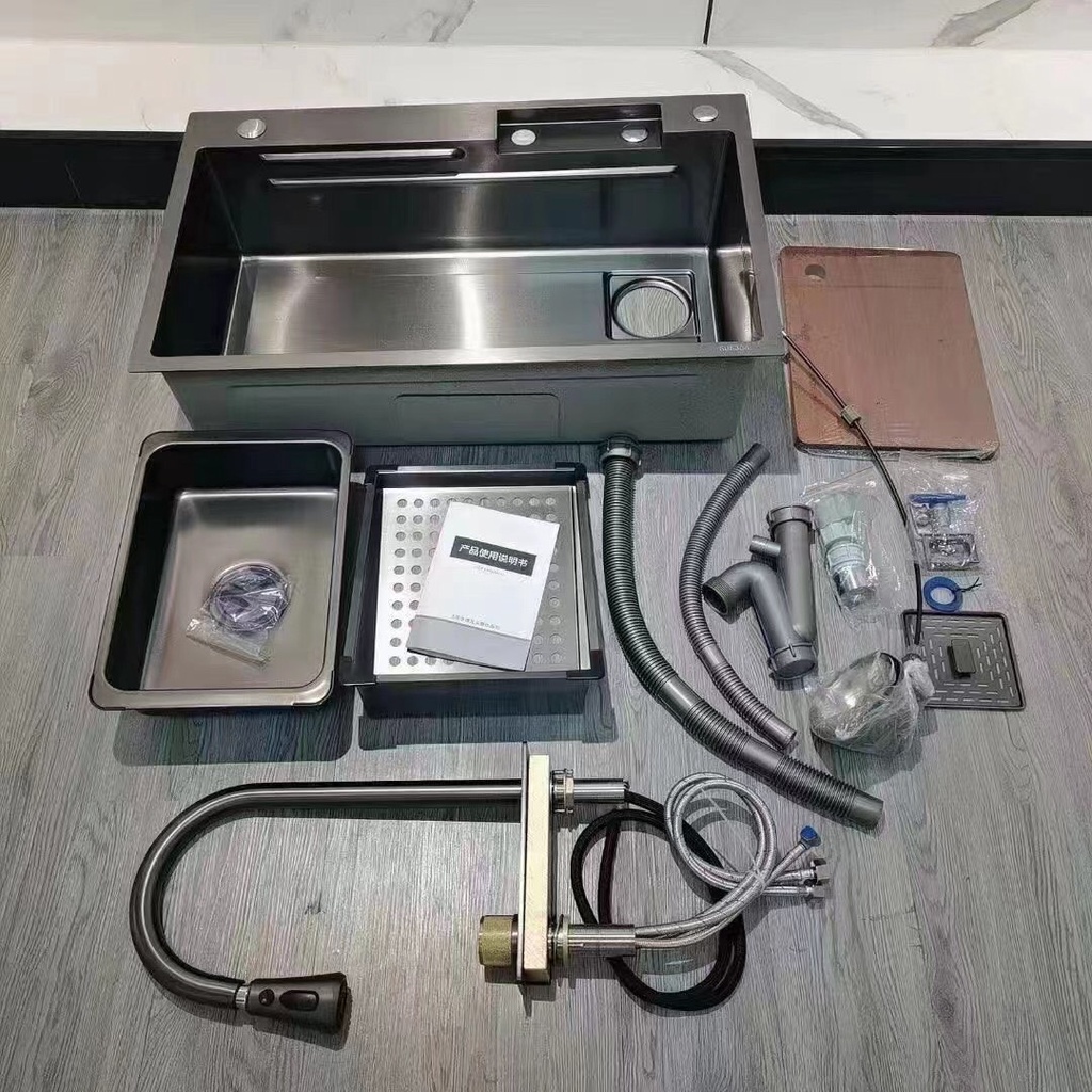 COMBO chậu rửa chén bát 1 hố lớn nano 75x46 chống bám bẩn,kèm vòi và phụ kiện