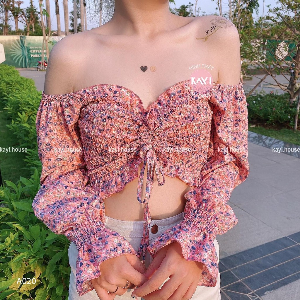 Áo trễ vai tay dài hoa - ảnh thật - A020 | BigBuy360 - bigbuy360.vn