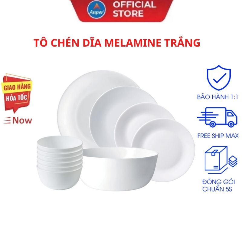Bộ tô chén bát dĩa đĩa nhựa Melamine ANPER livicop nhựa cứng Nhật Hàn cao cấp màu sắc trắng trơn sang trọng