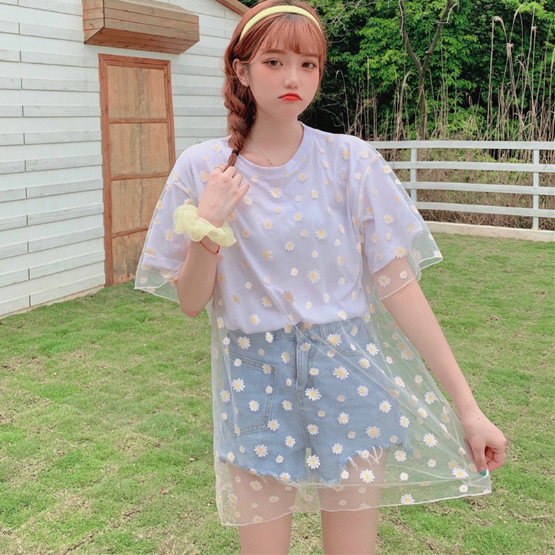 Summer Women Short Sleeve O-Neck Printed Mesh Tee Tops T Shirt Loose Daisy Tops | BigBuy360 - bigbuy360.vn