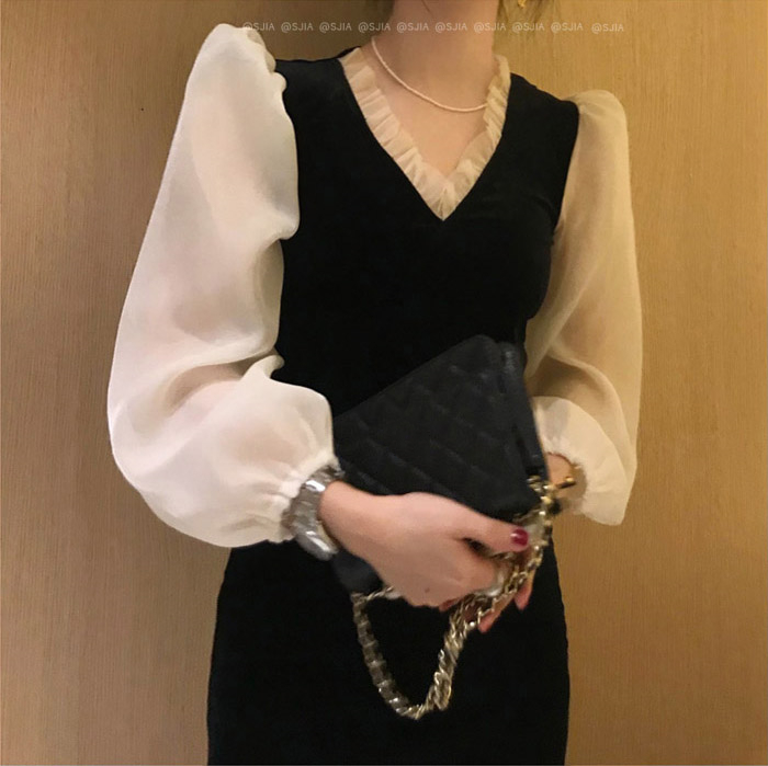 Đầm Nhung Xiaozhainv Tay Dài Cổ Chữ V Phong Cách Retro Hàn Quốc | BigBuy360 - bigbuy360.vn