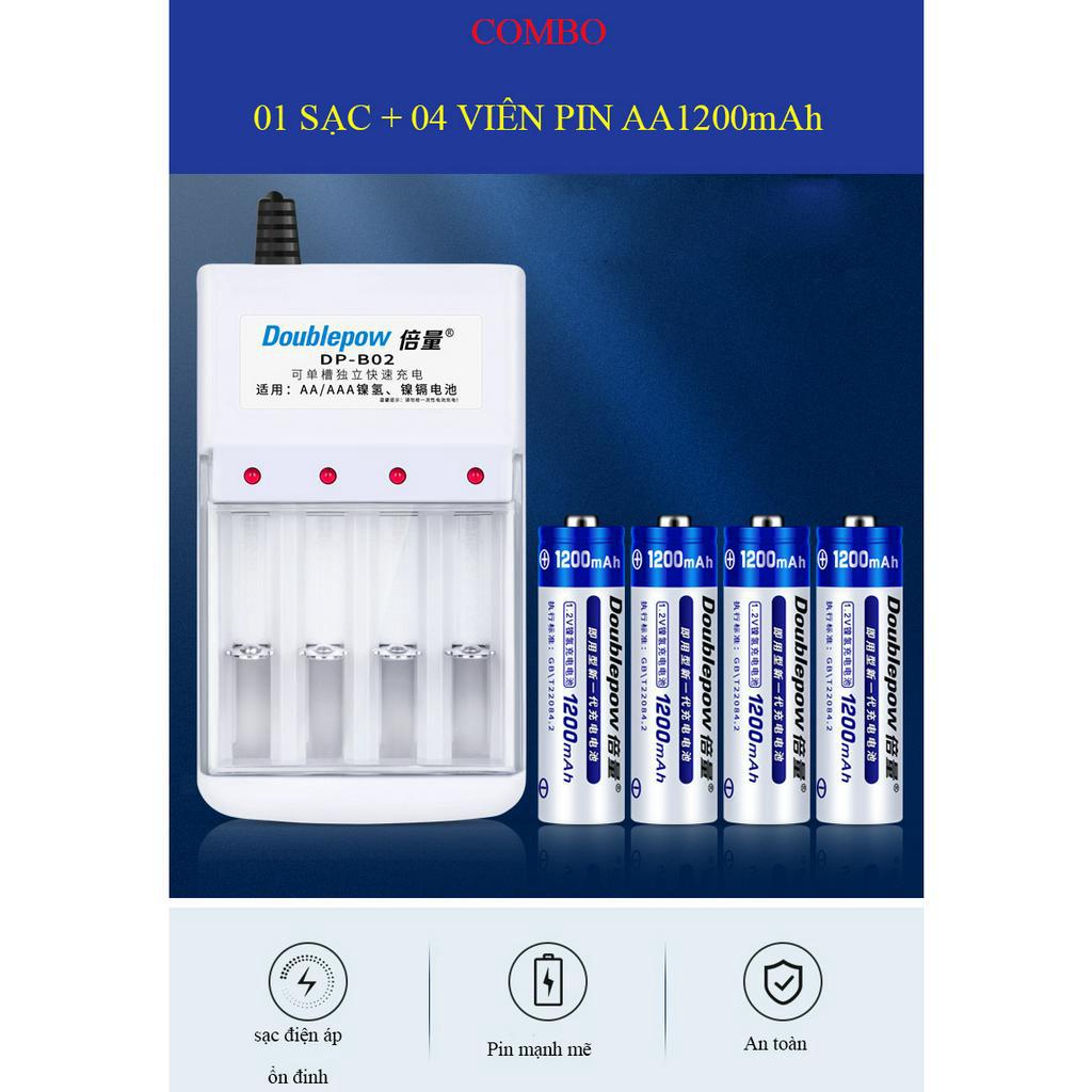 Combo bộ sạc pin tiểu AA DP-B02 kèm 04 viên pin AA 1200mAh chính hãng Doublepow