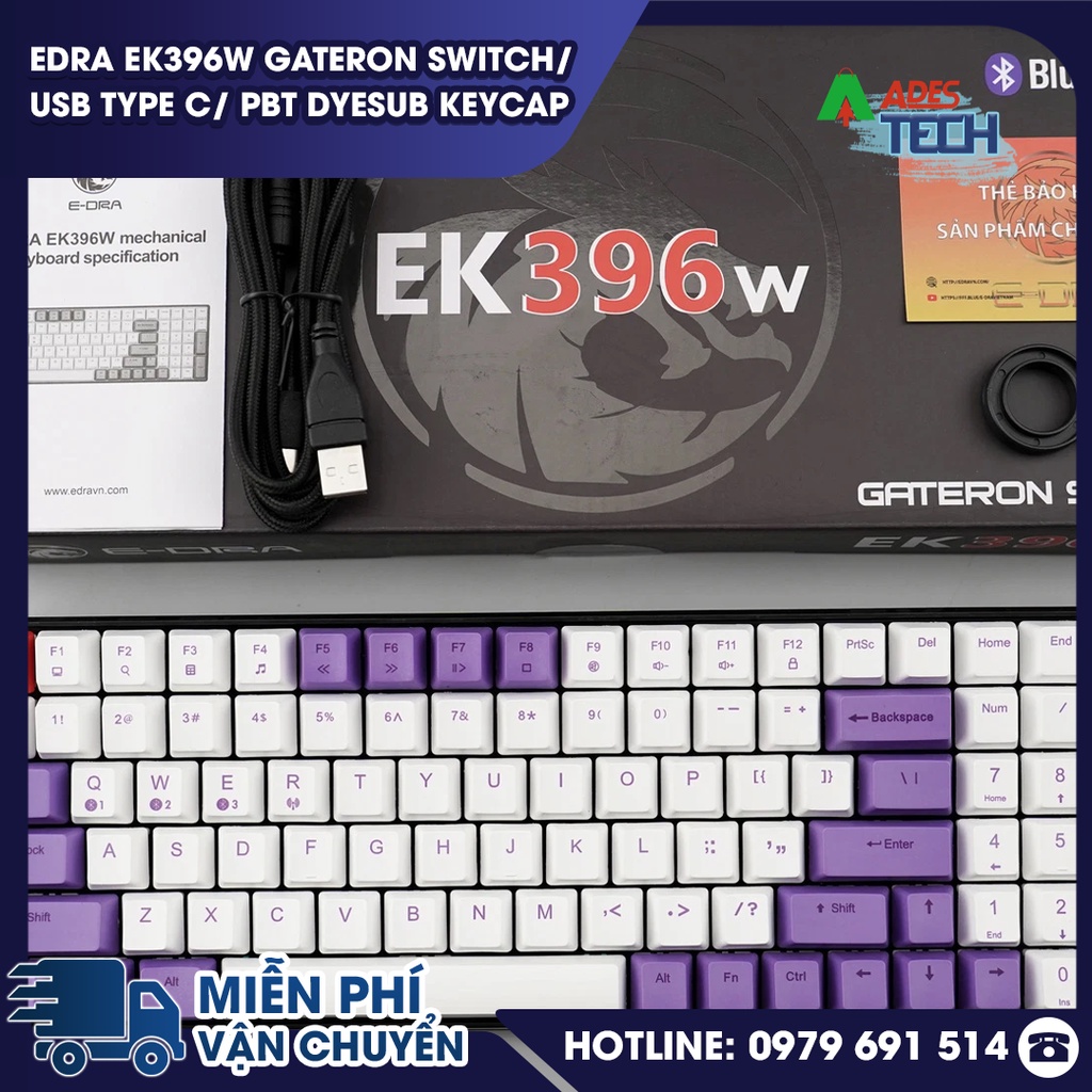 Bàn phím cơ không dây Bluetooth EDRA EK396W Gateron Switch/ USB Type C/ PBT dyesub keycap chính hãng