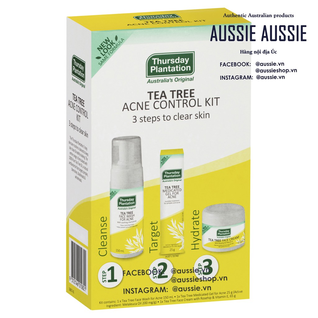 Bộ 3 sản phẩm tràm trà Úc giảm và ngăn ngừa mụn Thursday Plantation Tea Tree Acne Control Kit aussie.vn