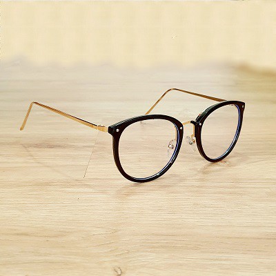 Mắt Kính Giả Cận Gọng Kim Loại Màu Bạc Nhiễn Khung Tròng Viền Nhựa Đen Phom Tròn Ngang 13cm