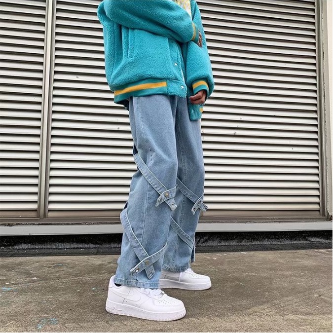 Quần jean ống rộng nam nữ unisex màu xanh nhạt và đen trang trí dây đẹp mới hà nội hcm Pon.mens