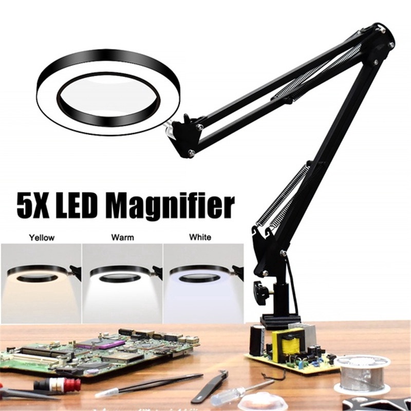 Kính lúp 10x kẹp bàn có đế kèm đèn LED, kim loại sơn tĩnh điện cao cấp sửa chữa điện thoại, điện tử, đồng hồ, đọc sách