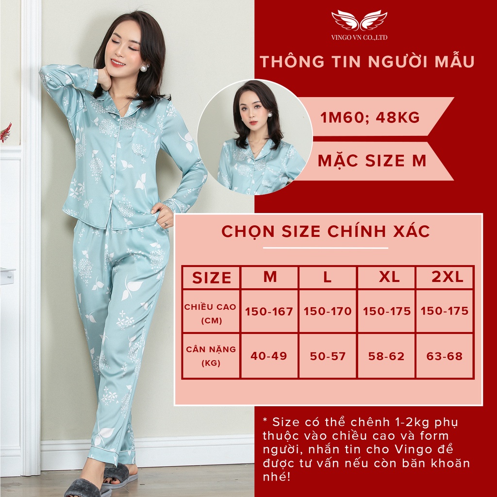 Đồ bộ ngủ nữ pyjama mặc nhà VINGO Lụa Pháp mềm cao cấp tay dài quần dài họa tiết chùm hoa xanh ngọc Thu Đông H580 VNGO | WebRaoVat - webraovat.net.vn