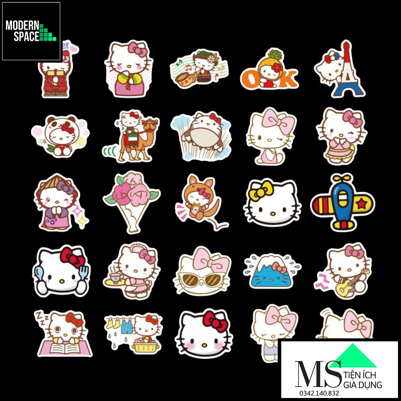 Sticker PVC Hoạt hình Hồng Hello Kitty ST-101 - Cả bộ 100 Hình dán Stickers Chống nước