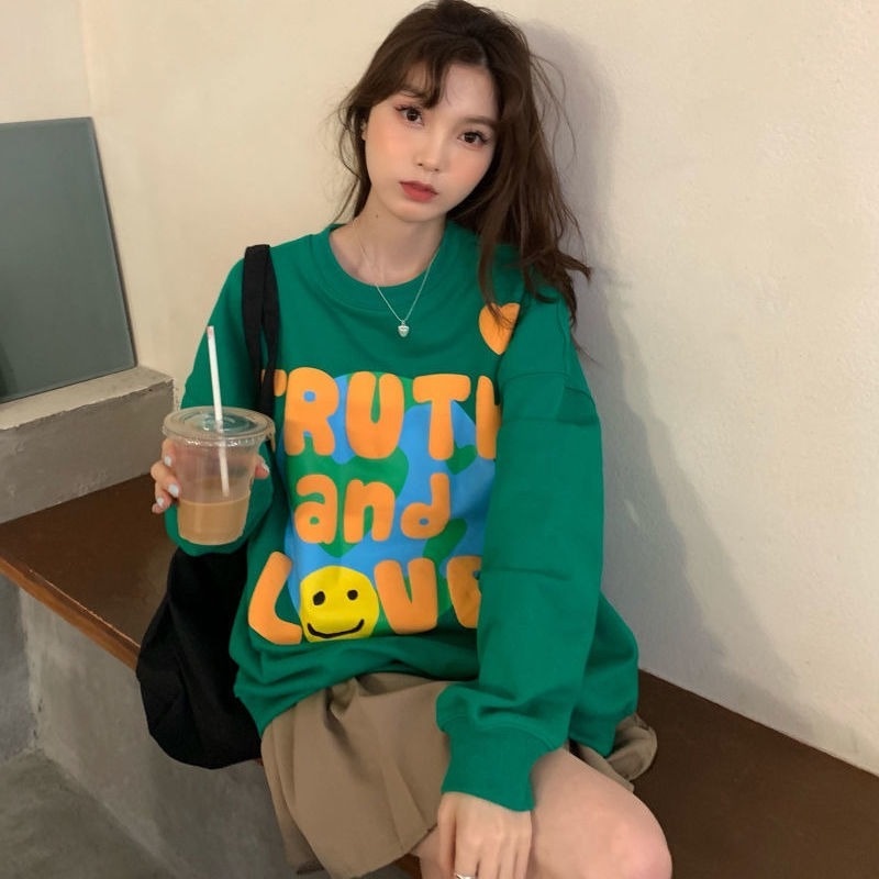 Áo khoác nhung dày dáng rộng in chữ thời trang thu đông cho nữ