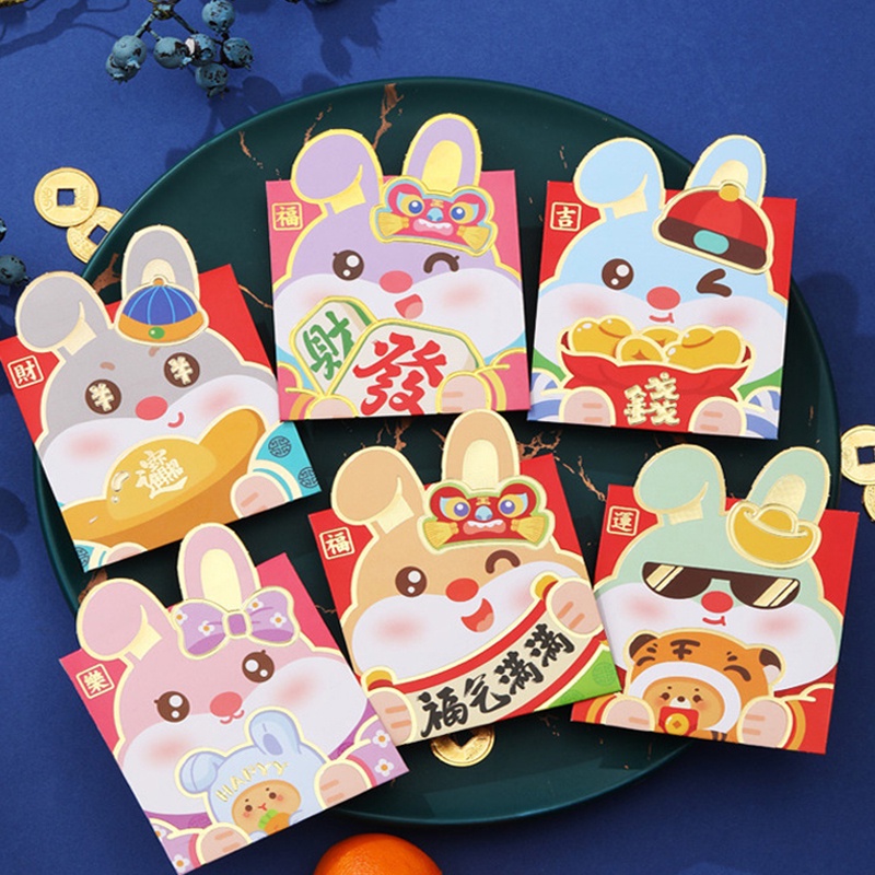 Set 6 Bao Lì Xì Đỏ In Hình Thỏ Hoạt Hình 2023