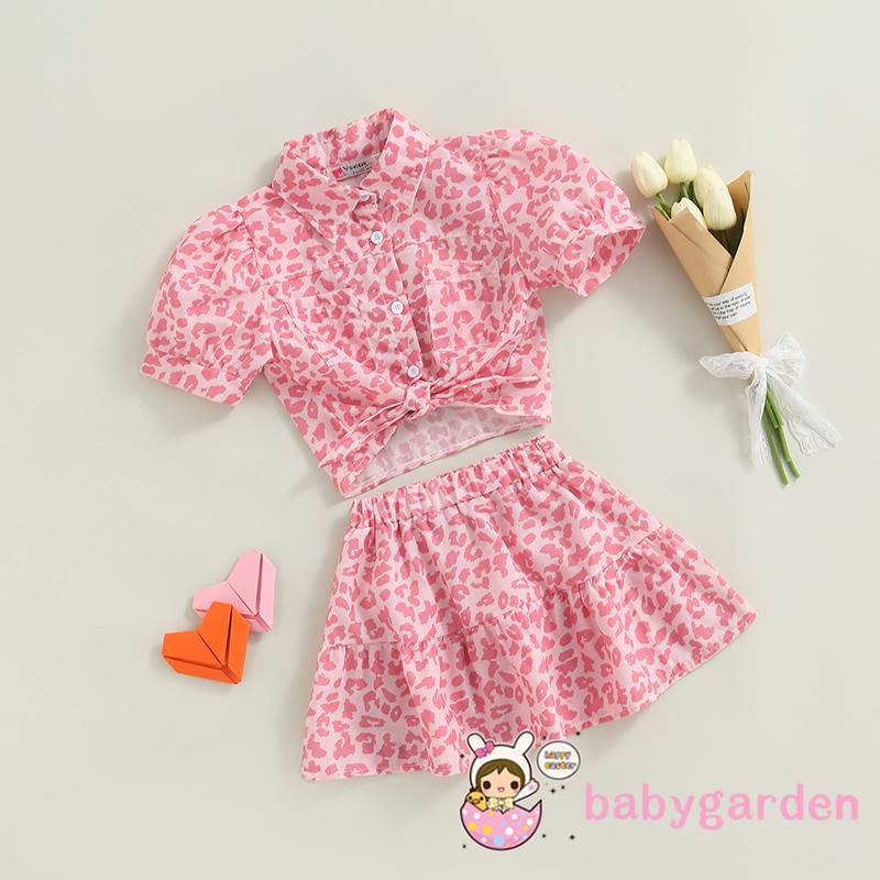 Bộ áo croptop tay ngắn in họa tiết da báo + chân váy co giãn thời trang cho bé gái