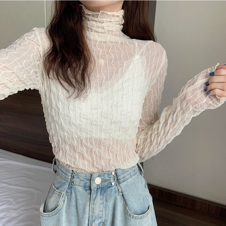 Áo lưới ren mỏng tay dài cổ cao thời trang cho nữ MS77