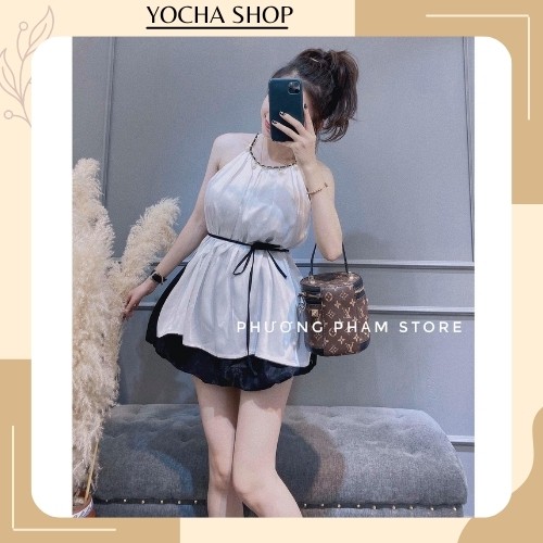 Set yếm trắng lụa mix quần bom dập ly xinh xuất sắc-  Yocha shop