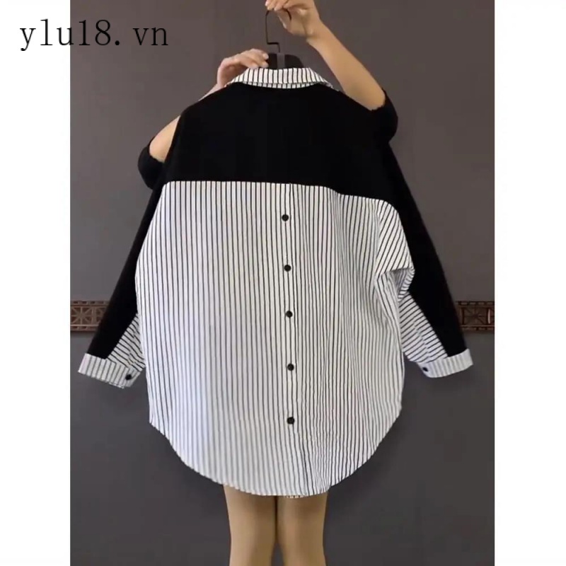 Hàng Có Sẵn Áo Sơ Mi Dáng Rộng Vừa Vặn Kẻ Sọc Màu Tương Phản Phong Cách Phương Tây Cỡ Lớn Cho Nữ