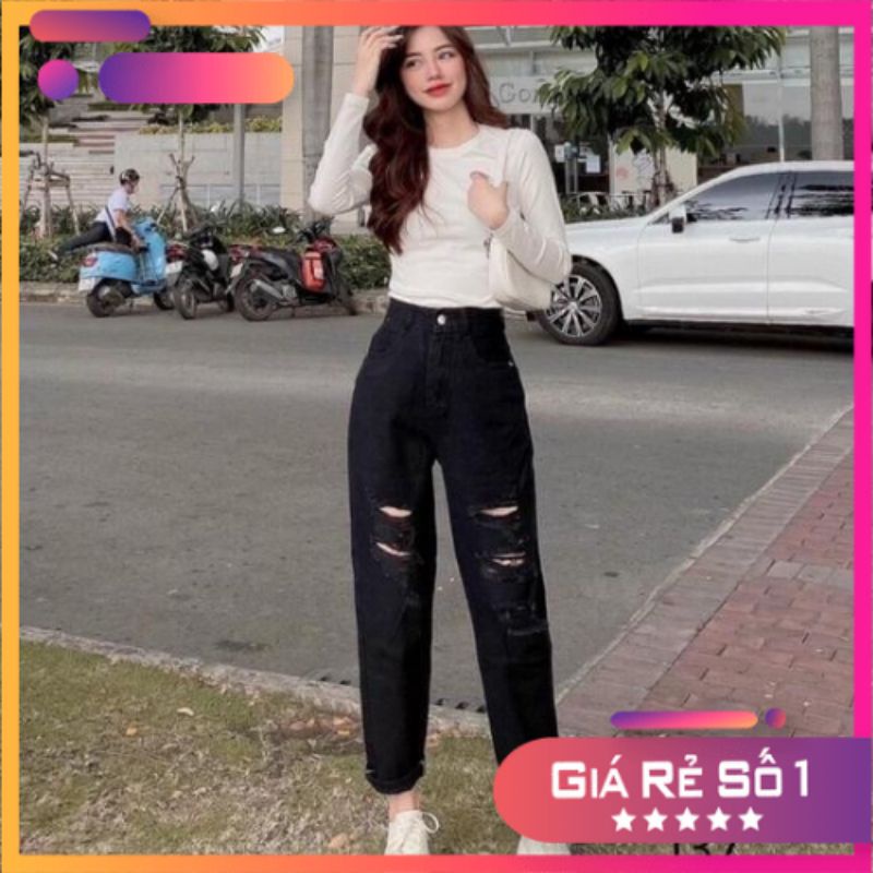 Quần ống rộng nữ rách, quần jean nữ ống rộng suông rách gối chất vải jean cao cấp