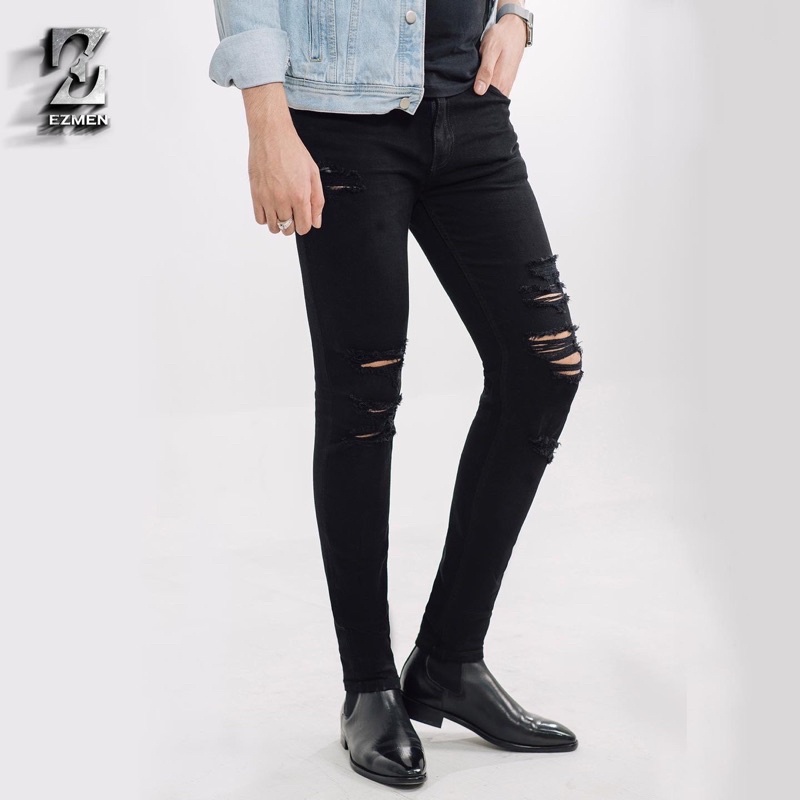 Quần jean EZMEN skynny đen rách cao cấp.Co giản thoải mái.Skinny ripped jeans in black.JD03