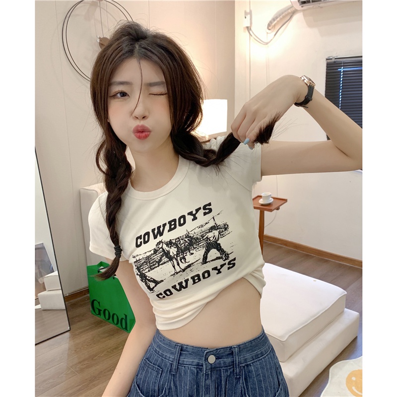 Áo Thun Crop Top Cổ Tròn Tay Ngắn In Họa Tiết Thời Trang Cho Nữ