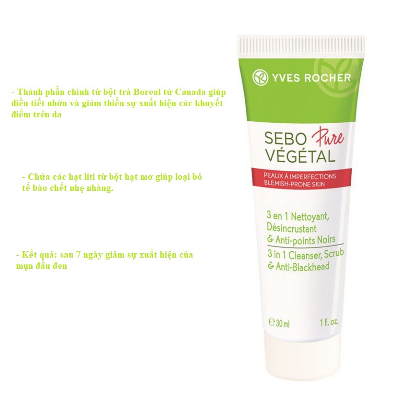 Gel Rửa Mặt Cho Da Mụn Yves Rocher Mini 3-In-1 Cleanser, Scrub & Blackheads 30ml | BigBuy360 - bigbuy360.vn
