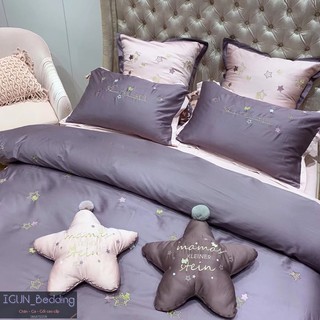set LỤA CHÒM SAO HẠNH PHÚC tím bộ Chăn Ga Gối cưới  Lụa thêu cao  cấp