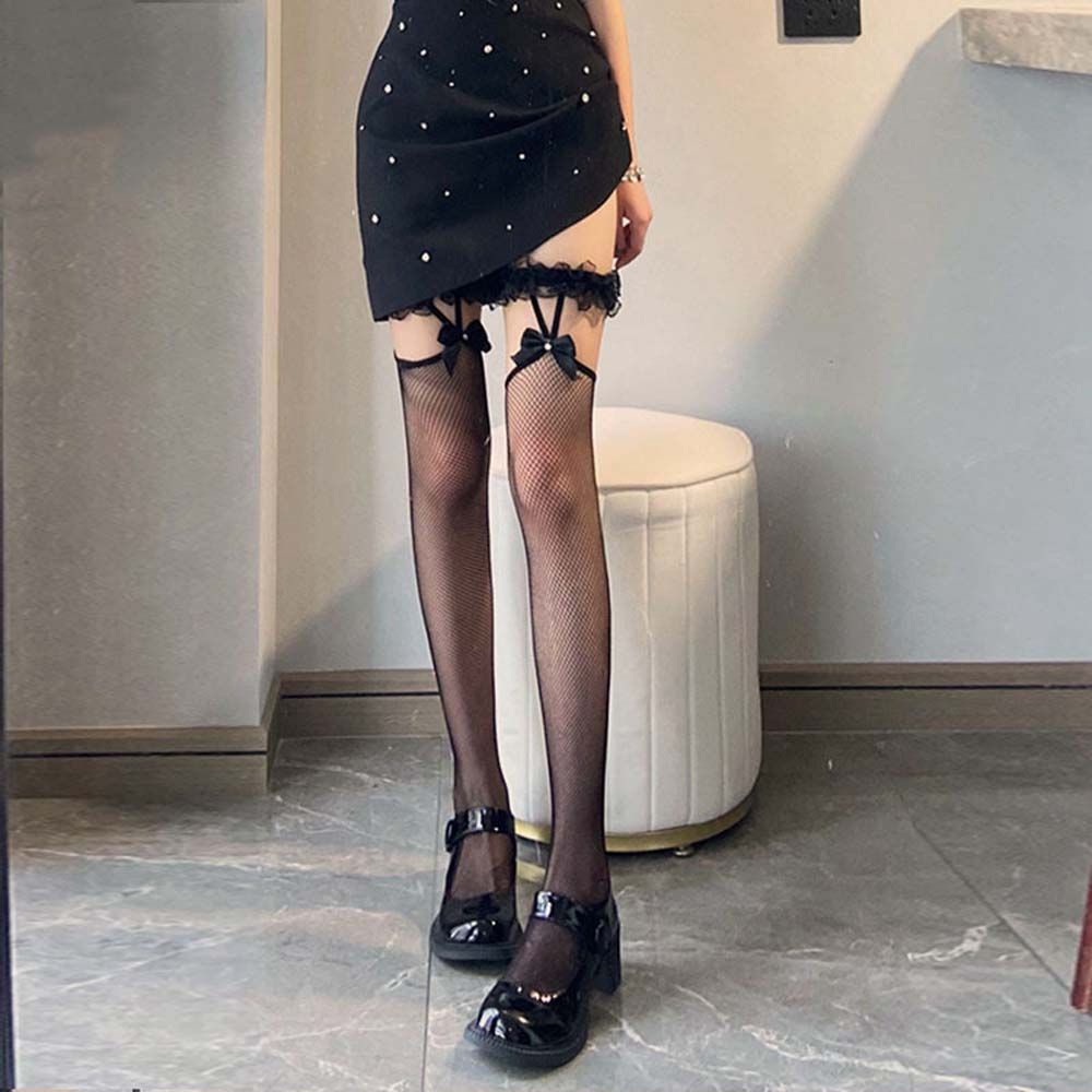 Đôi vớ lưới dài qua gối phối nơ ren màu trắng đen phong cách Hàn Quốc thời trang cho nữ