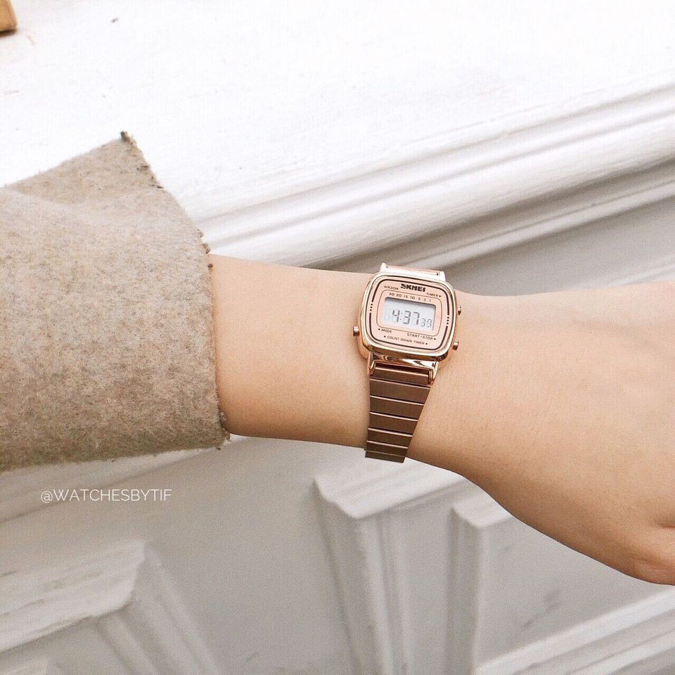 Đồng hồ điện tử dây kim loại SKMEI DUPE rose gold đồng hồ nữ mặt nhỏ thời trang size 22mm Watchesbytif báo thức bấm giờ | BigBuy360 - bigbuy360.vn