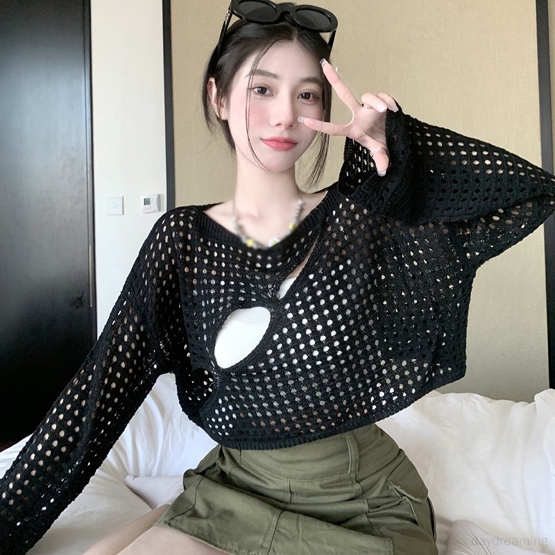Áo Croptop Dệt Kim Phối Lưới Xuyên Thấu Phong Cách Hàn Quốc Quyến Rũ Dành Cho Nữ
