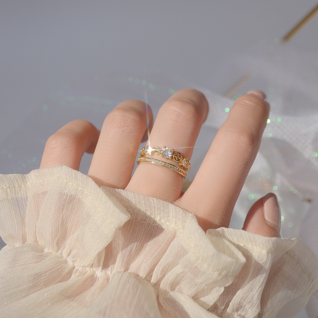 Nhẫn hở hai lớp mạ vàng thật 14k đính đá zircon có thể điều chỉnh cho nữ