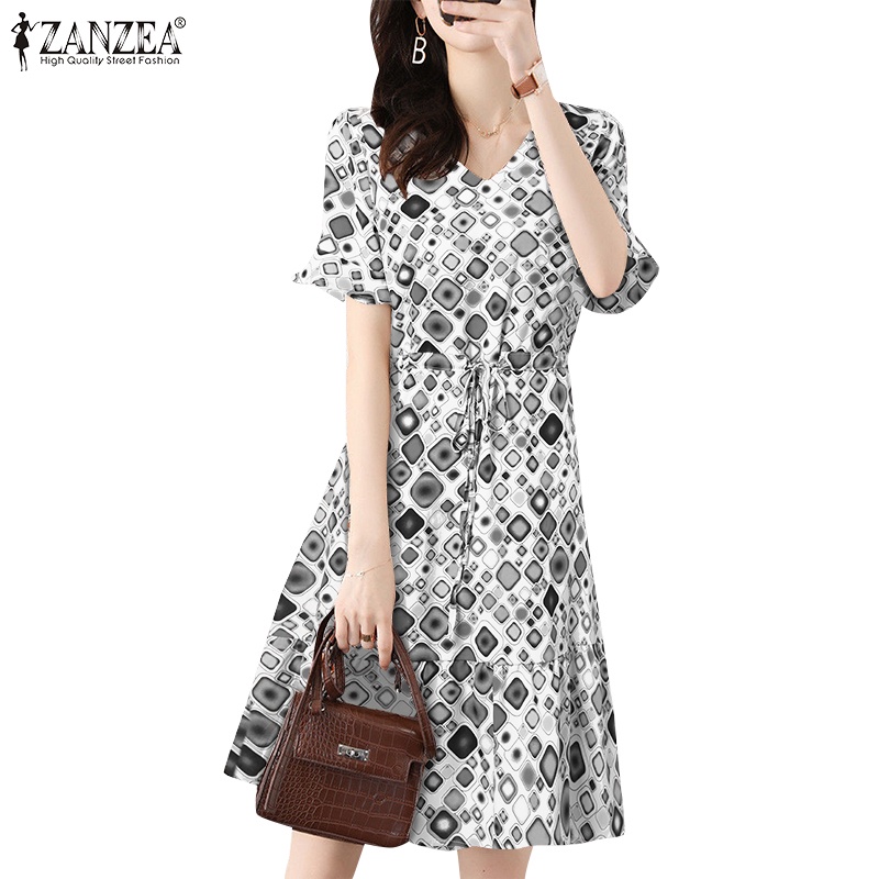 Đầm Zanzea tay ngắn cổ chữ v rút dây họa tiết hình học phong cách Hàn Quốc thời trang cho nữ