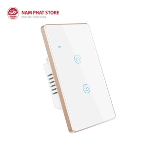 Công tắc 2 nút thông minh Wifi viền vàng chữ nhật TUYA SMART