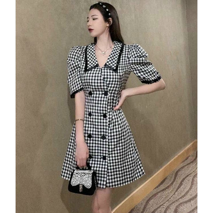Đầm váy freesize caro đen cổ vest