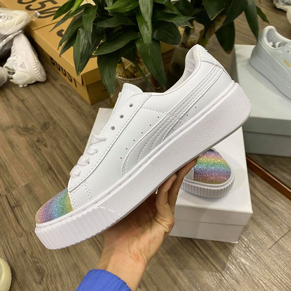 Giày Thể Thao Pu ma Trắng + Cầu Vồng Dễ Thương